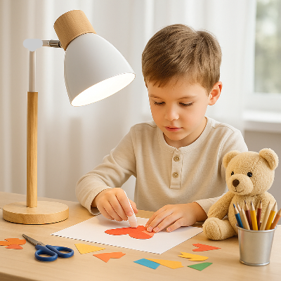 lampe de bureau design garçon faisant un bricolage avec son ourson