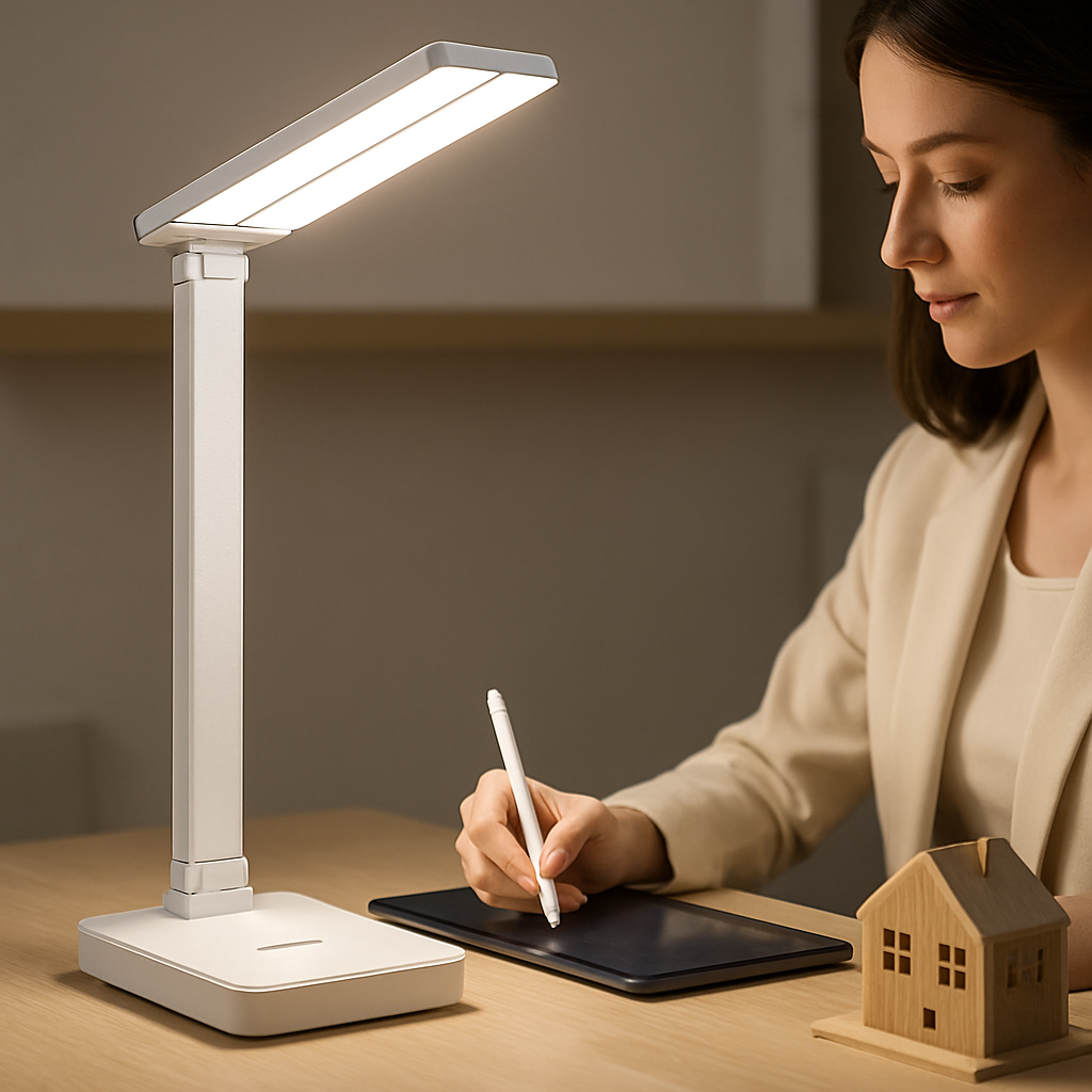 lampe de bureau led sur bureau femme travaille sur tablette et maquette maison