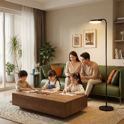 lampadaire led couple sur canapé et enfants dessinant sur table de salon