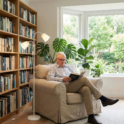 lampadaire liseuse homme regardant un livre dans son fauteuil