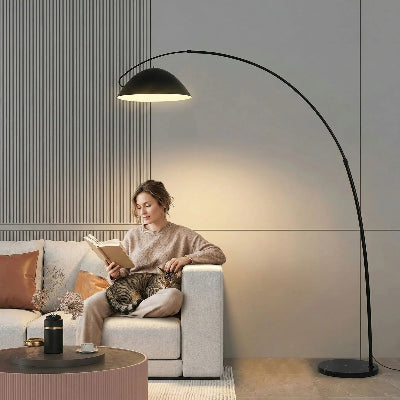 lampadaire sur pied lampasoucoupe femme sur canapé lisant et caressant son chat