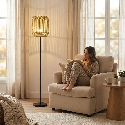 lampadaire vintage lampacorde femme assie dans fauteuil avec un livre
