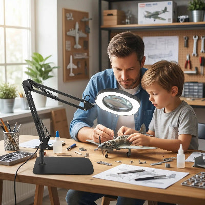 lampe de bureau articulée Artilumi père et fils construisant une maquette ensemble