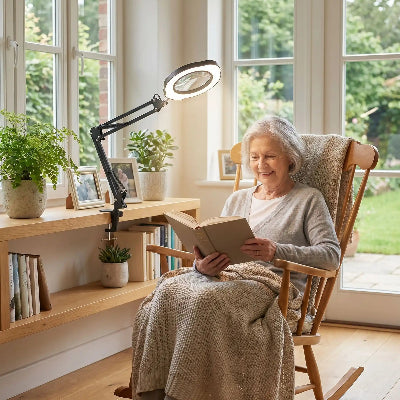 lampe de bureau articulée une femme lit un livre dans un fauteuil à bascule