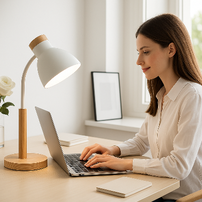 lampe de bureau bois éclaire femme travaille ordinateur lampe Norlumi