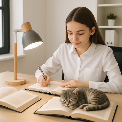 lampe de bureau design jeune fille écrivant avec chaton dormant sur cahier
