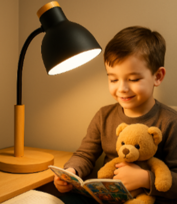 lampe de bureau design noire garçon regarde un livre avec sa peluche lampe norlumi