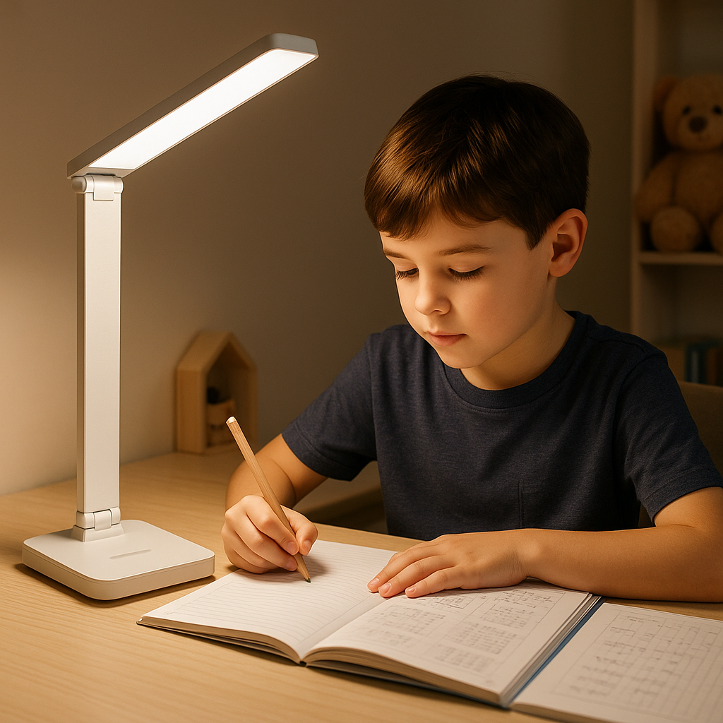 lampe de bureau éclaire enfant qui fait ses devoirs