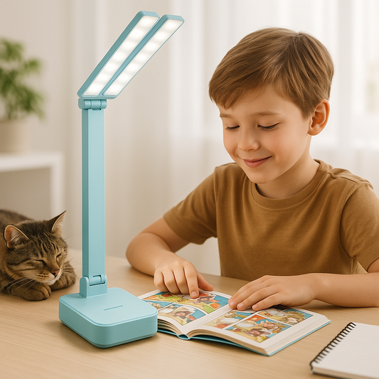 lampe de bureau led bleu garçon lit une BD