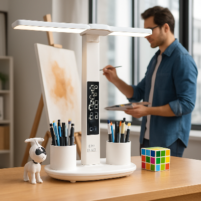 lampe de bureau led premier plan homme peint deuxième plan