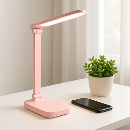 lampe de bureau led rose sur meuble avec téléphone plante verte