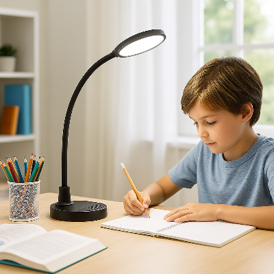 lampe de bureau leds garçon écrit sur bureau éclairé par lampe styumi