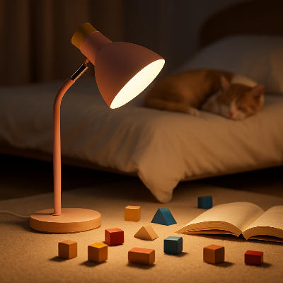 lampe de bureaux éclaire blocs de construction et livre dans une chambre