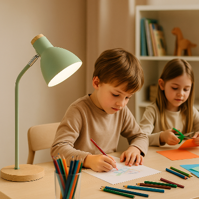 lampe de bureaux garçon fait un coloriage fille fait un découpage éclairé lampe Clumi