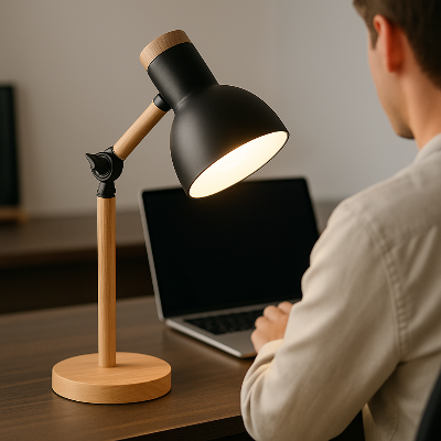 lampe de bureaux homme travaille sur ordinateur avec lampe Giralumi