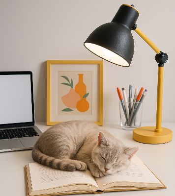 lampe de bureaux sur bureau avec un chat qui dort sur un livre