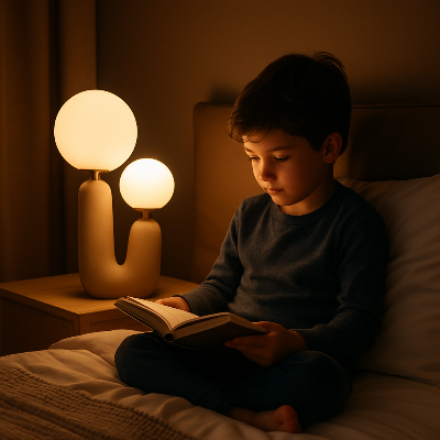 lampe de chevet chambre enfant regarde livre sur son lit