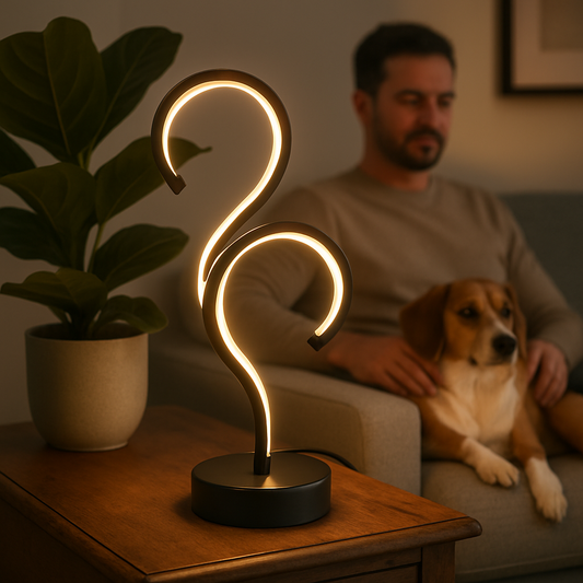 lampe de chevet crochet homme tranquillement installé sofa avec chien