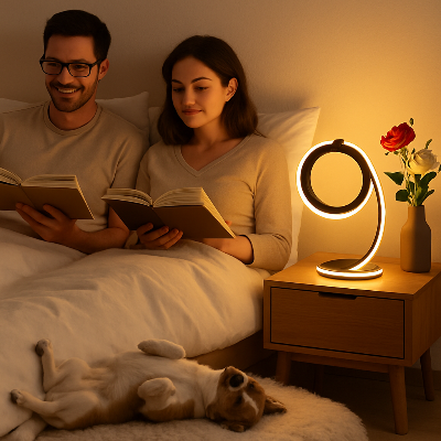 lampe de chevet number commode couple avec livre dans lit chien dort