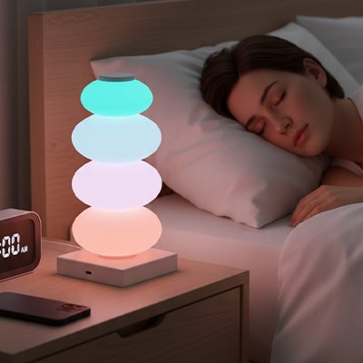 Lampe de chevet tactile illuminée avec une femme qui dort paisiblement