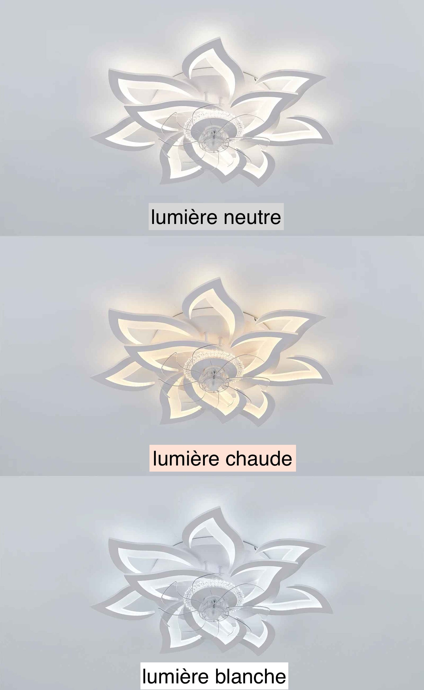 plafonnier ventilateur trois températures lumières neutre chaude blanche