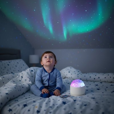 Veilleuse bébé aurore enfant assi sur son lit regardant le jeu de lumière