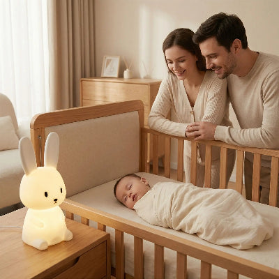 veilleuse bébé lumapin sur meuble avec bébé qui dort et parents qui regardent