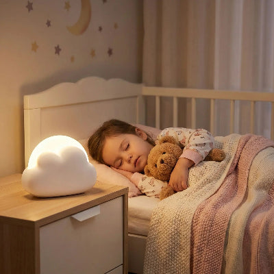 veilleuse bébé lumiage fillette dormant avec son ourson éclairé par sa veilleuse