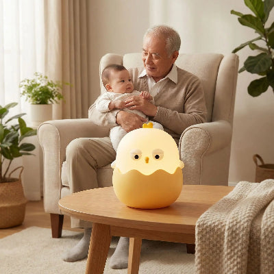 veilleuse enfant sommeil magique bébé dans bras son papi assis sur un fauteuil